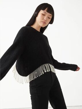 & Other Stories Black Sweater with Pearl Fringe NWT